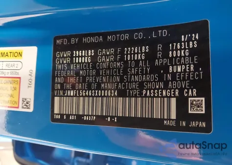 2025 Honda Civic Type R z USA, uszkodzony, nr VIN JHMFL5G46SX000634